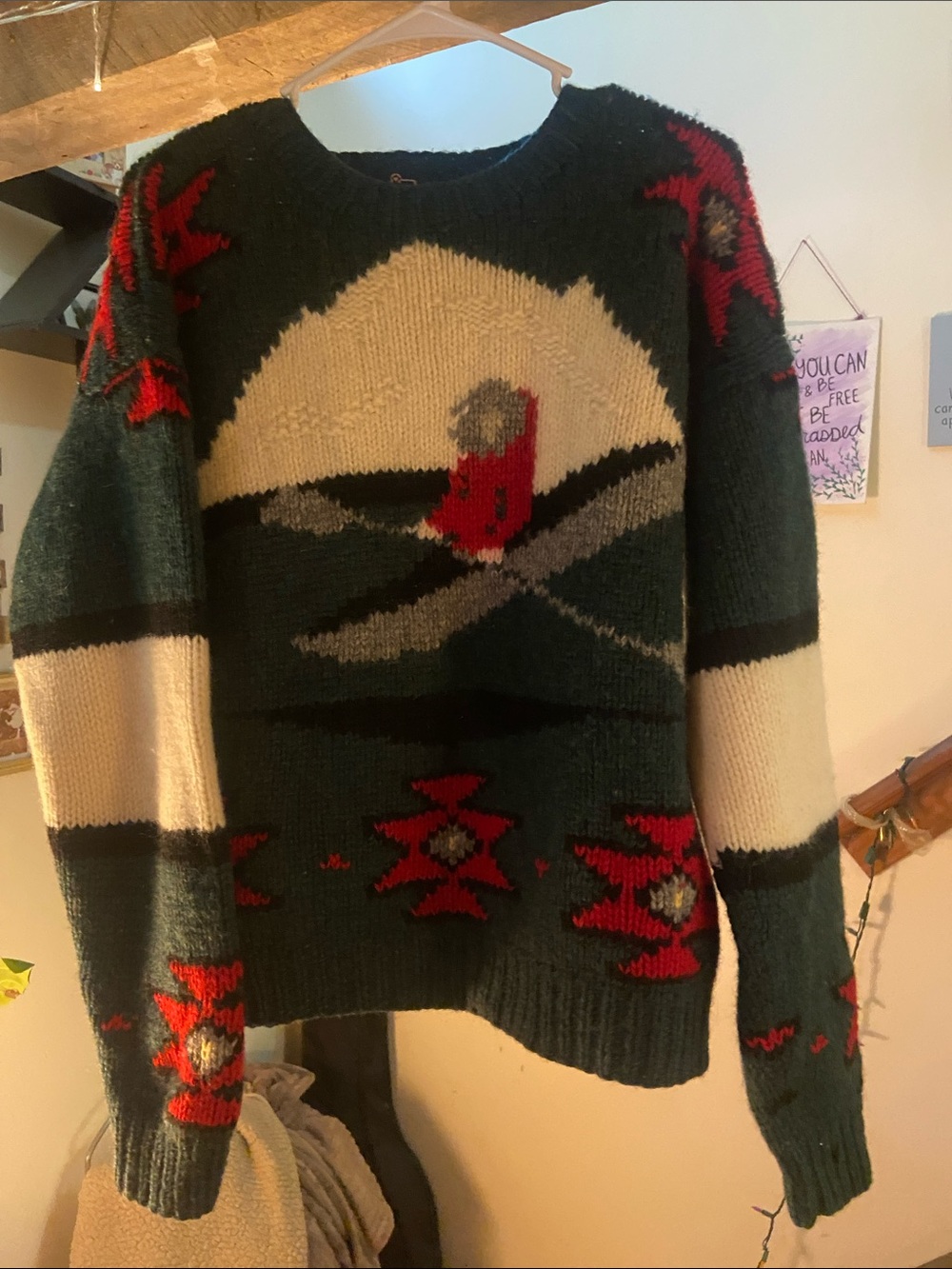 Woolrich Forest Green Patterned Crewneck Sweater with Red & Cream Accents